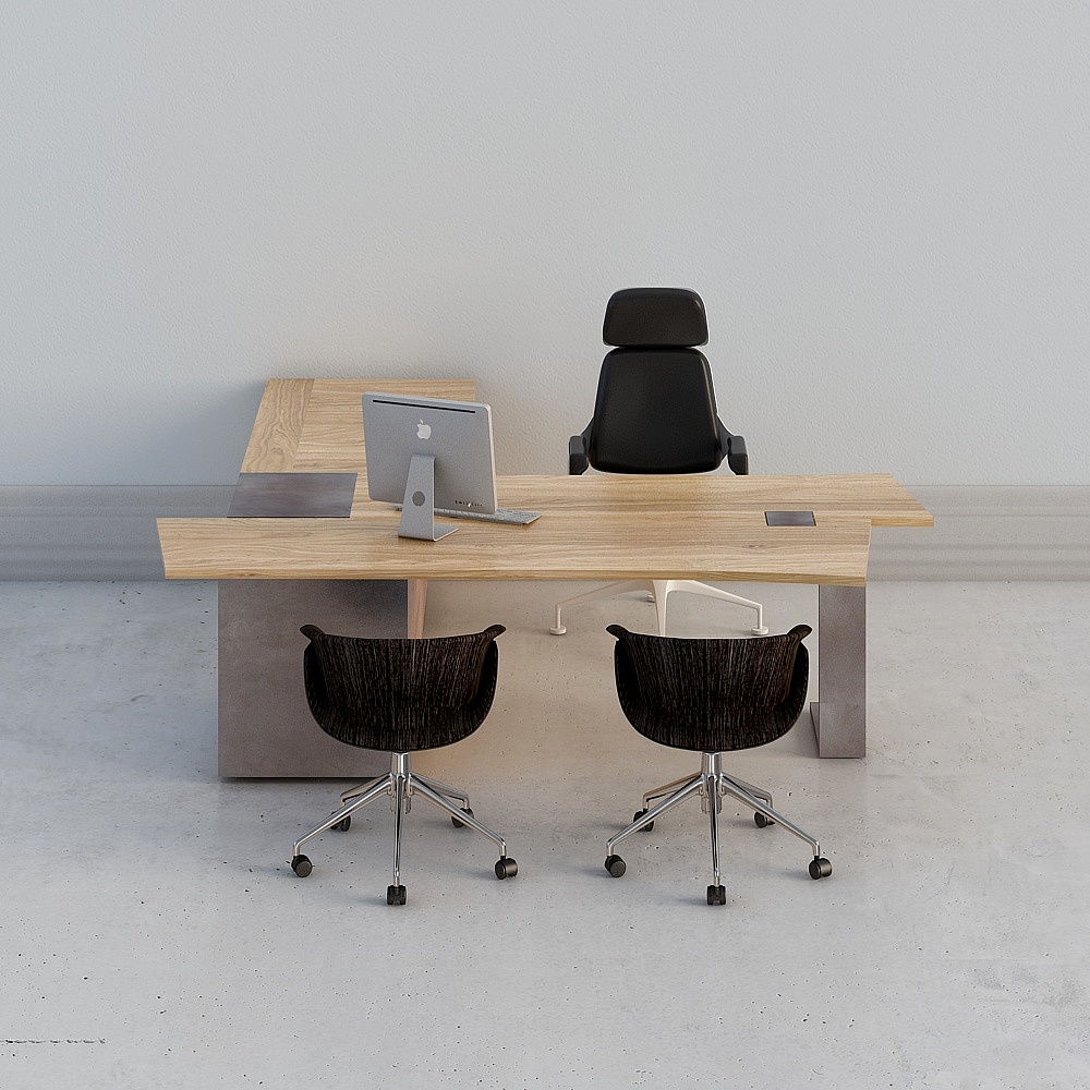 Modern office desk with light wood top and grey metal legs on white background