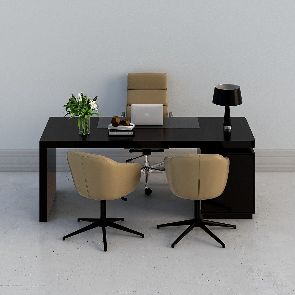 Modern black office desk with beige leather chairs and laptop on white background