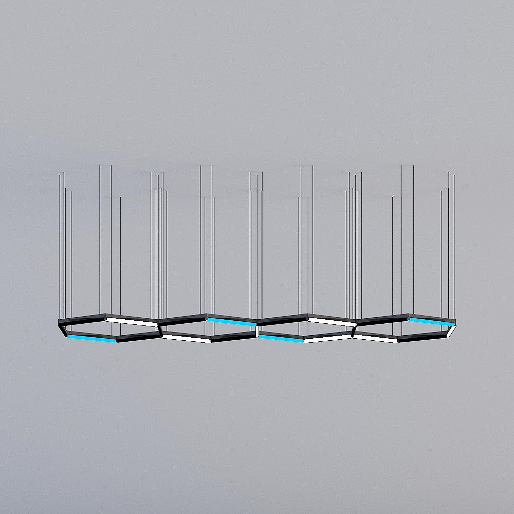 Modern black metal ceiling light with blue and white lights on grey background