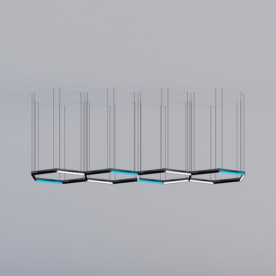 Modern black metal ceiling light with blue and white lights on grey background