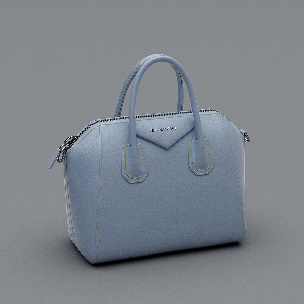 Light blue leather handbag with silver hardware and yellow stitching on grey background