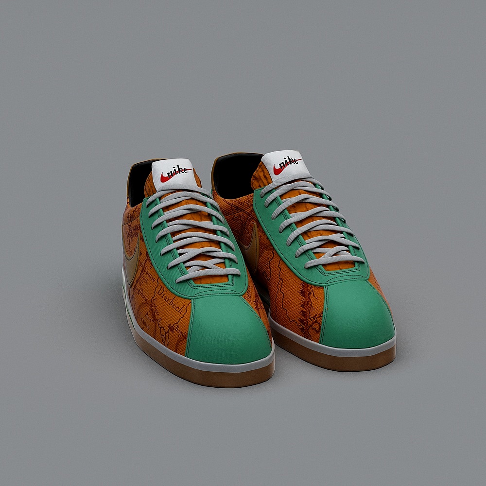 Nike sneakers with orange map print and green leather toe box on grey background