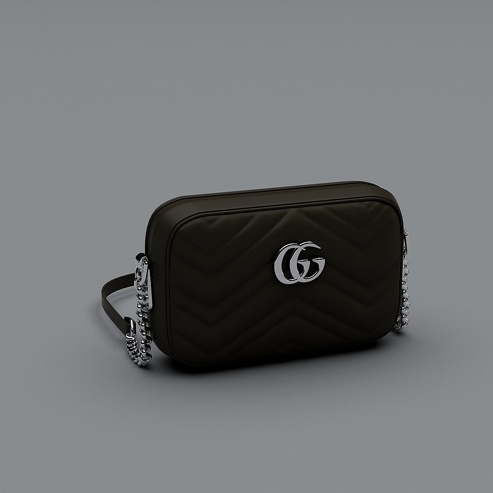 Dark green leather shoulder bag with silver chain and logo on grey background