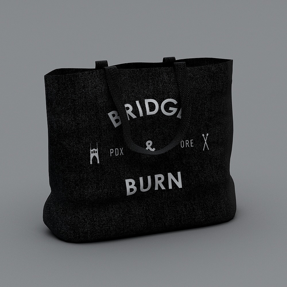 Black canvas tote bag with white text and icons on grey background
