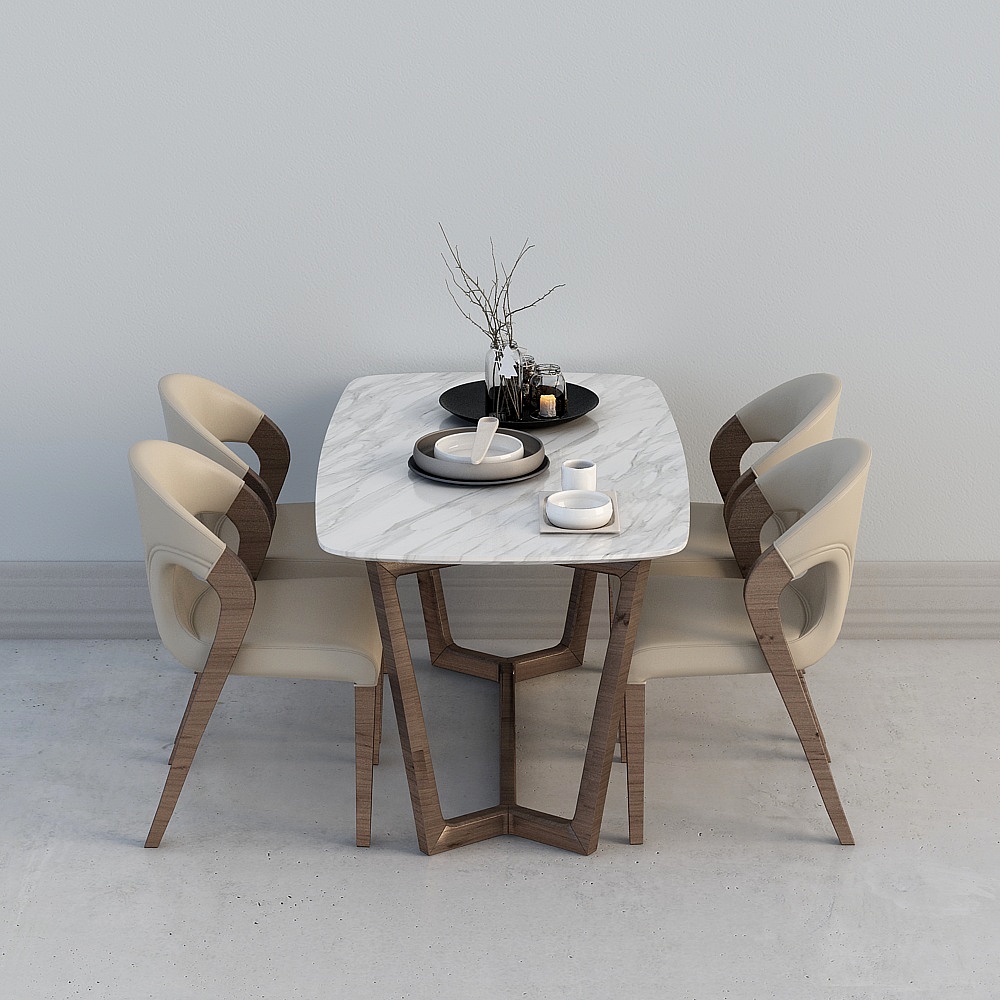 Modern marble dining table with four beige chairs on grey background