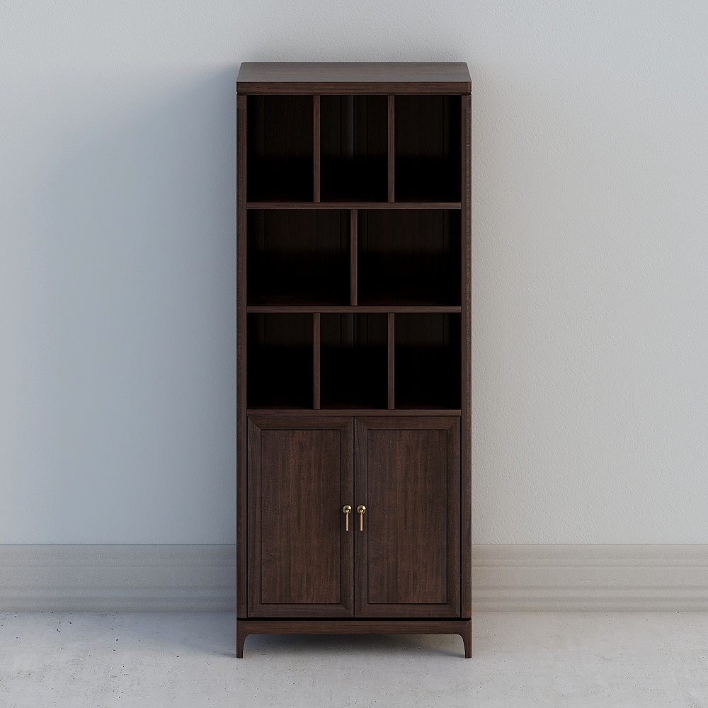 Tall dark brown wooden cabinet with open shelves and closed doors on white background