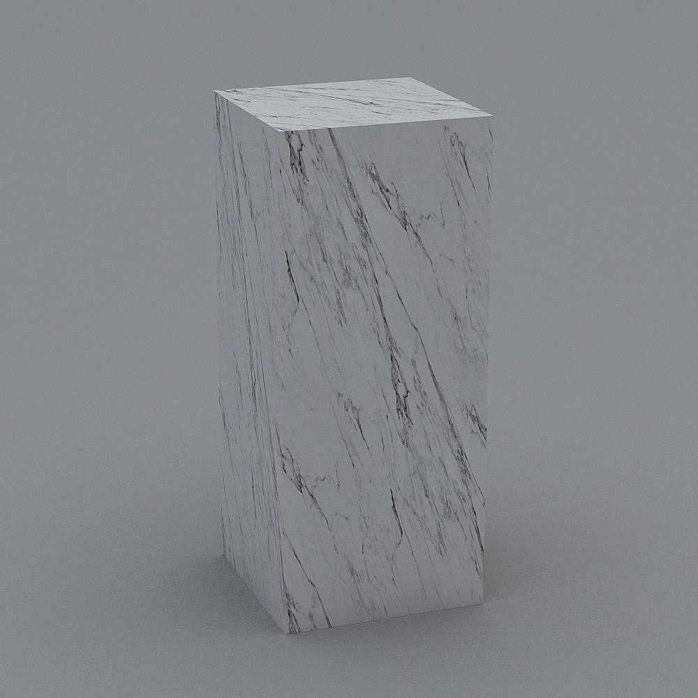 Tall white marble pedestal with grey veining and smooth finish on grey background