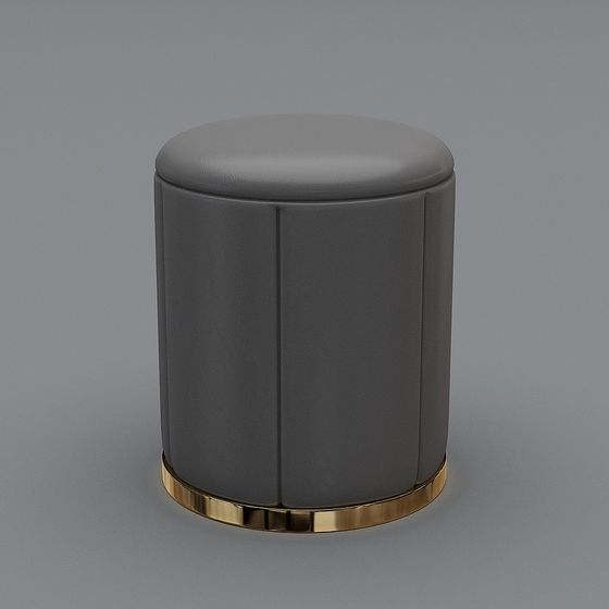 Modern grey leather footrest with gold metal base and vertical stitching on grey background