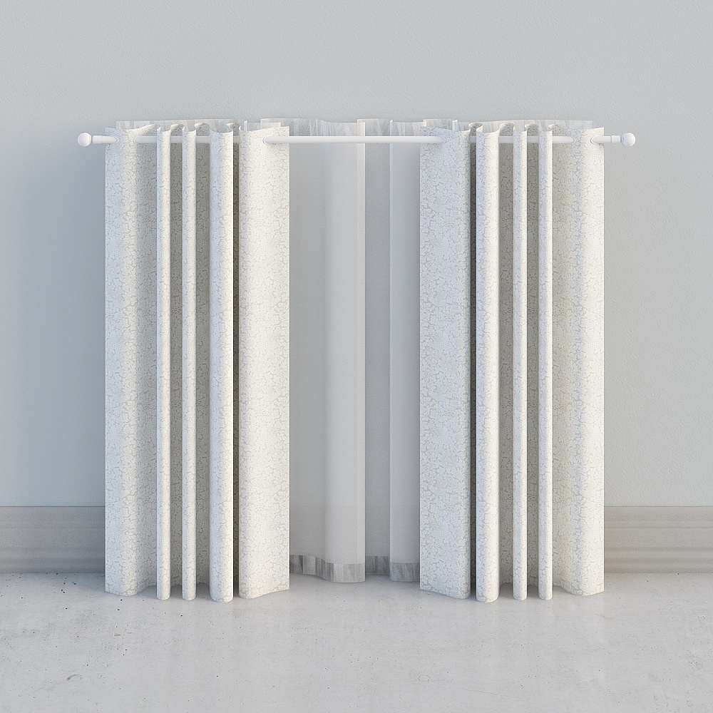 White textured curtain with pattern on white rod against light grey wall background