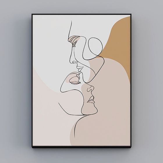 Abstract line art print with two faces in beige and brown tones on grey background