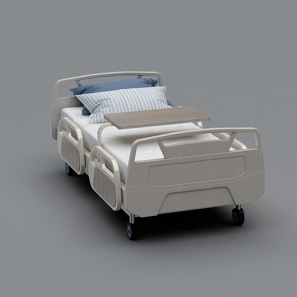 Modern white hospital bed with blue pillows and wooden table on grey background