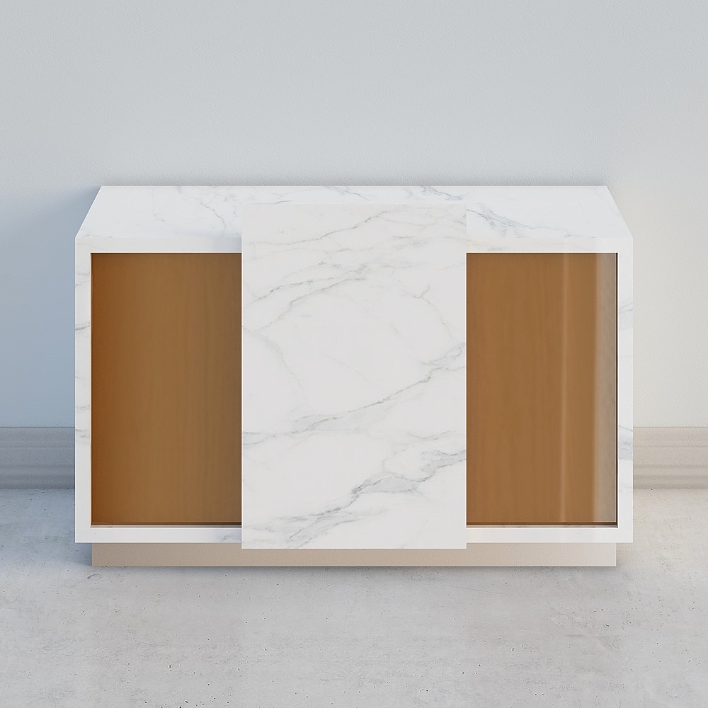 Modern white marble cabinet with two brown wood doors on grey background