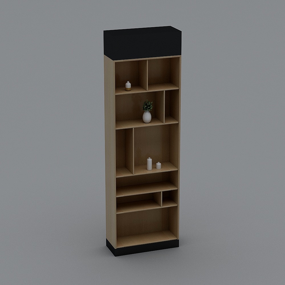 Modern light wood cabinet with black top and bottom on grey background