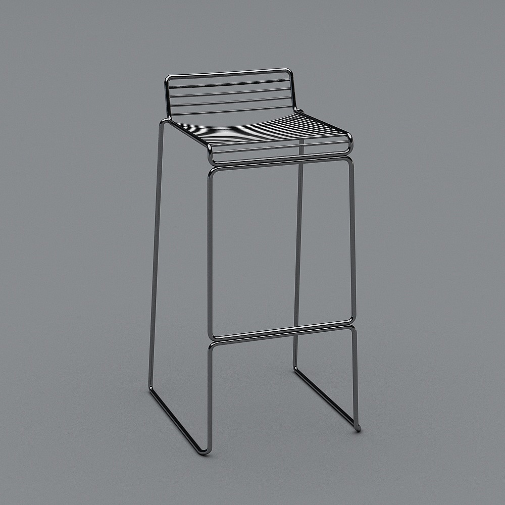 Modern tall metal bar stool with silver wire seat and backrest on grey background