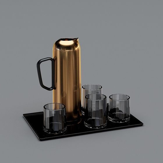 Elegant Golden Kettle and Glass Cup Set 3D model