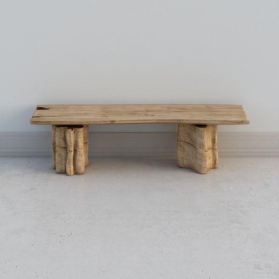 Natural Wood Long Bench 3D Model