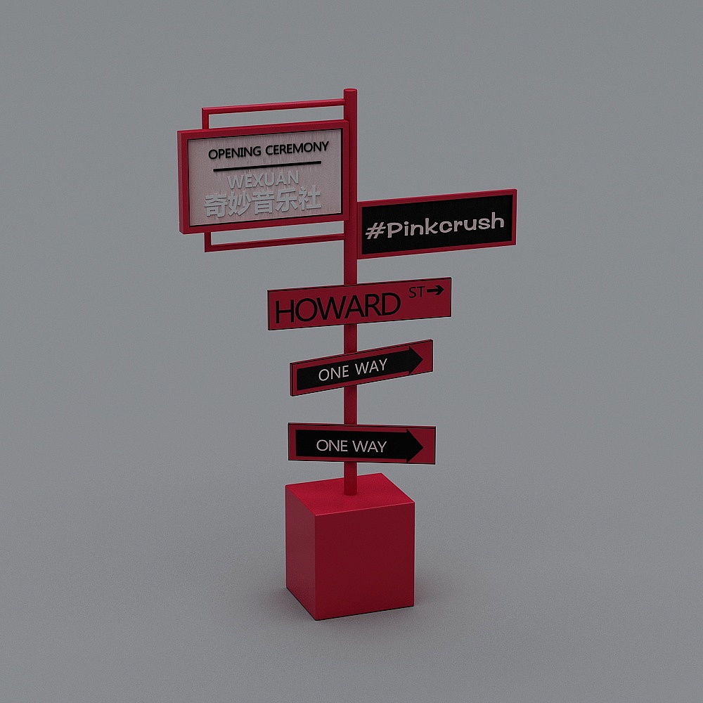 Red directional signpost with multiple signs on grey background