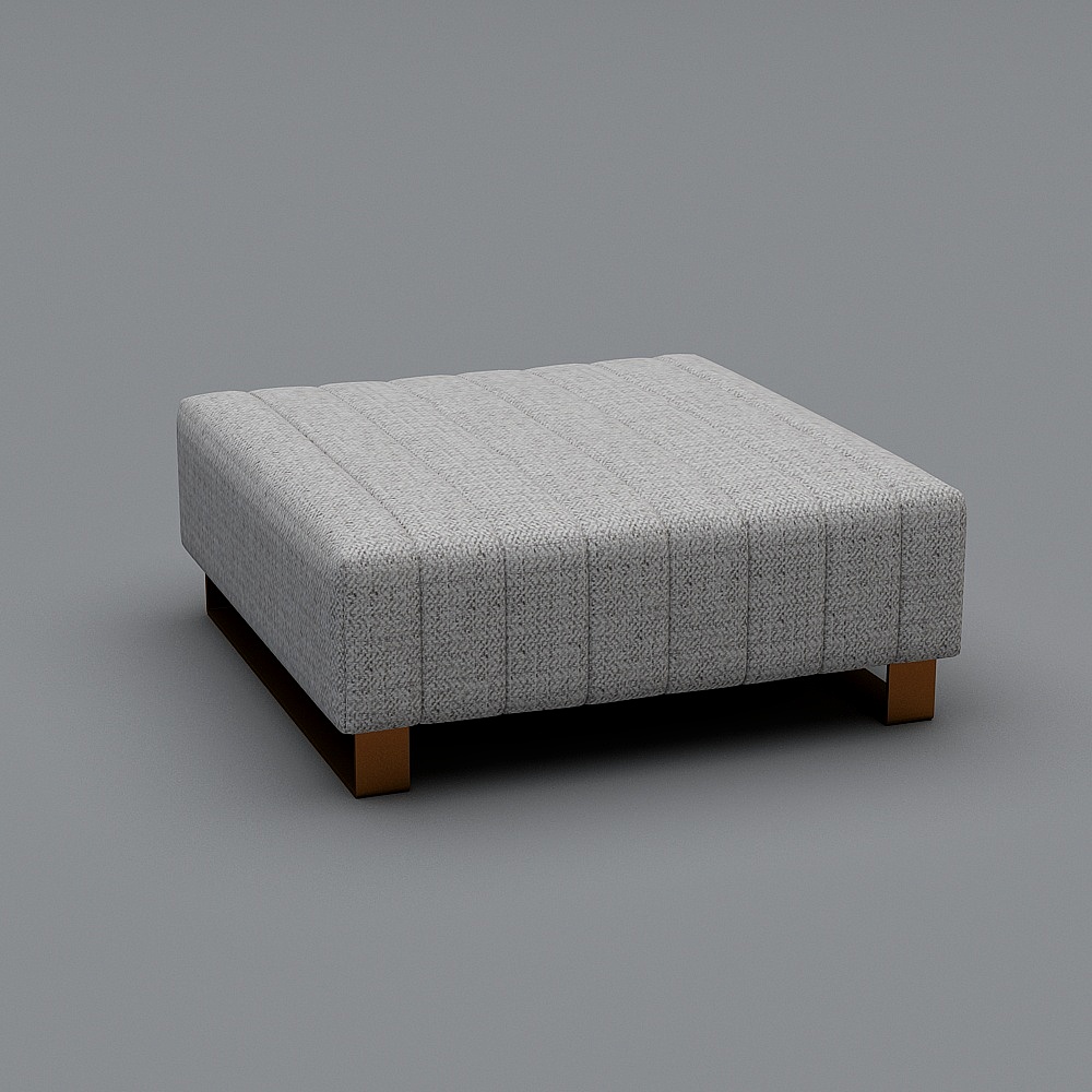 Modern square footrest with light grey fabric and wooden legs on grey background