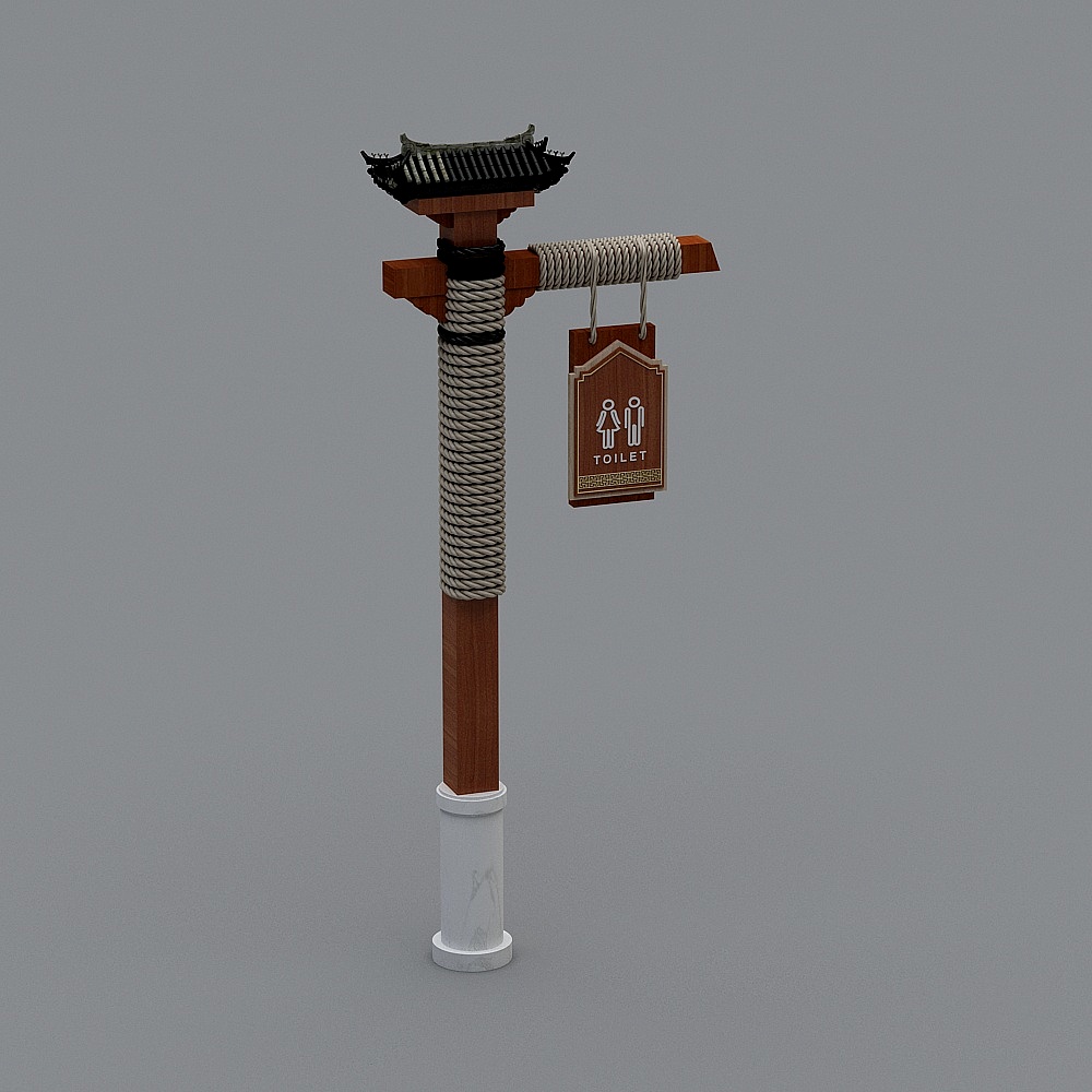 Asian style wooden toilet sign with rope and roof on grey background