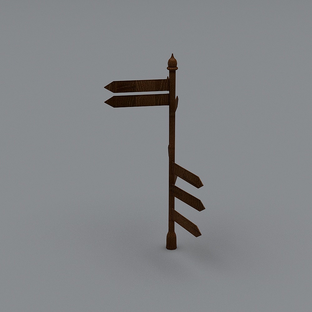 Dark brown wooden signpost with five arrows and pointed top on grey background