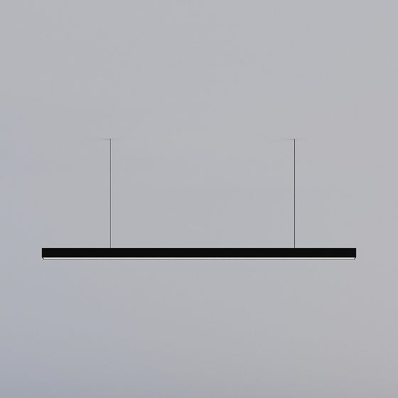 Modern black linear ceiling light with thin hanging wires on grey background