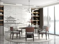 Modern dining room with landscape wall mural round table grey chairs and large ceiling light