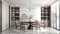 Dining room interior design with pink chairs black table ceiling light large window and mural