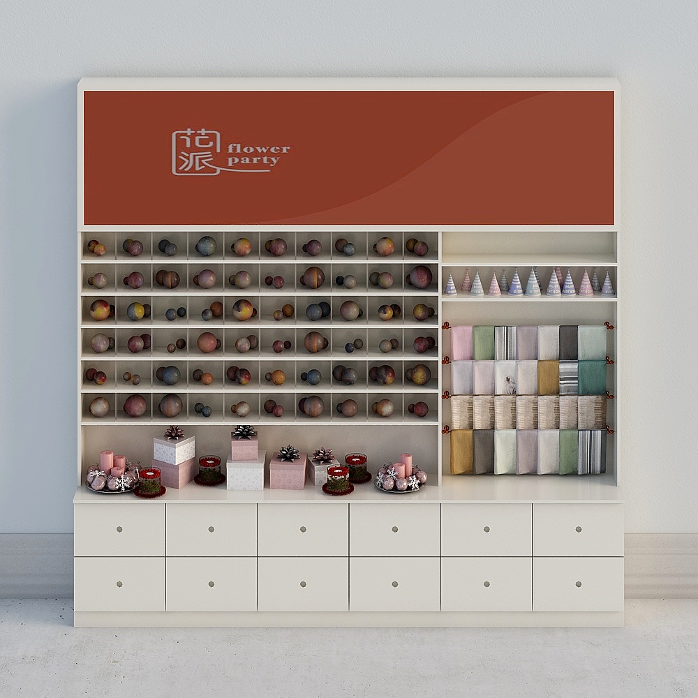 White retail display cabinet with brown sign and colorful items on white background