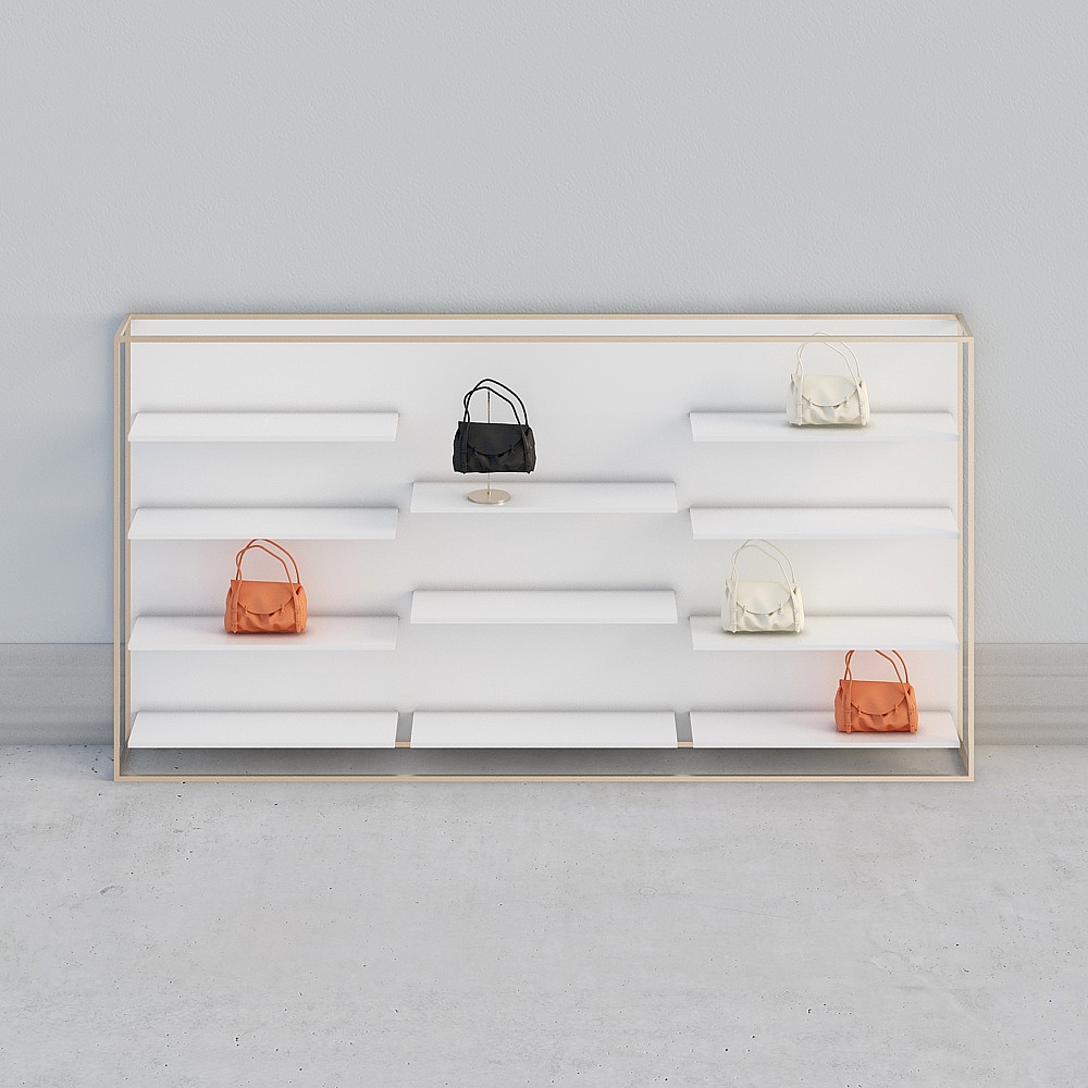 Modern white display shelf with gold frame holding colorful handbags on grey background