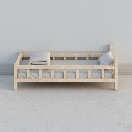 Wooden Single Bed Low-Poly 3D model