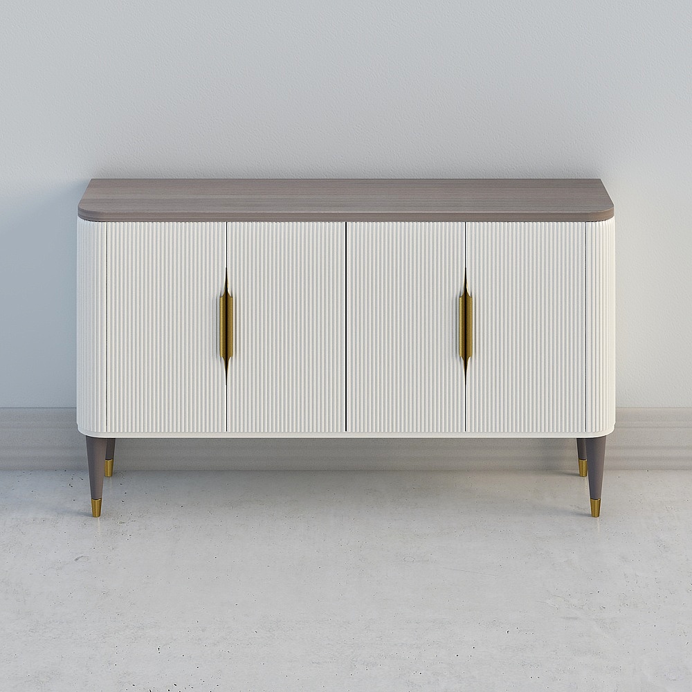 Modern white cabinet with ribbed doors and gold handles on grey background