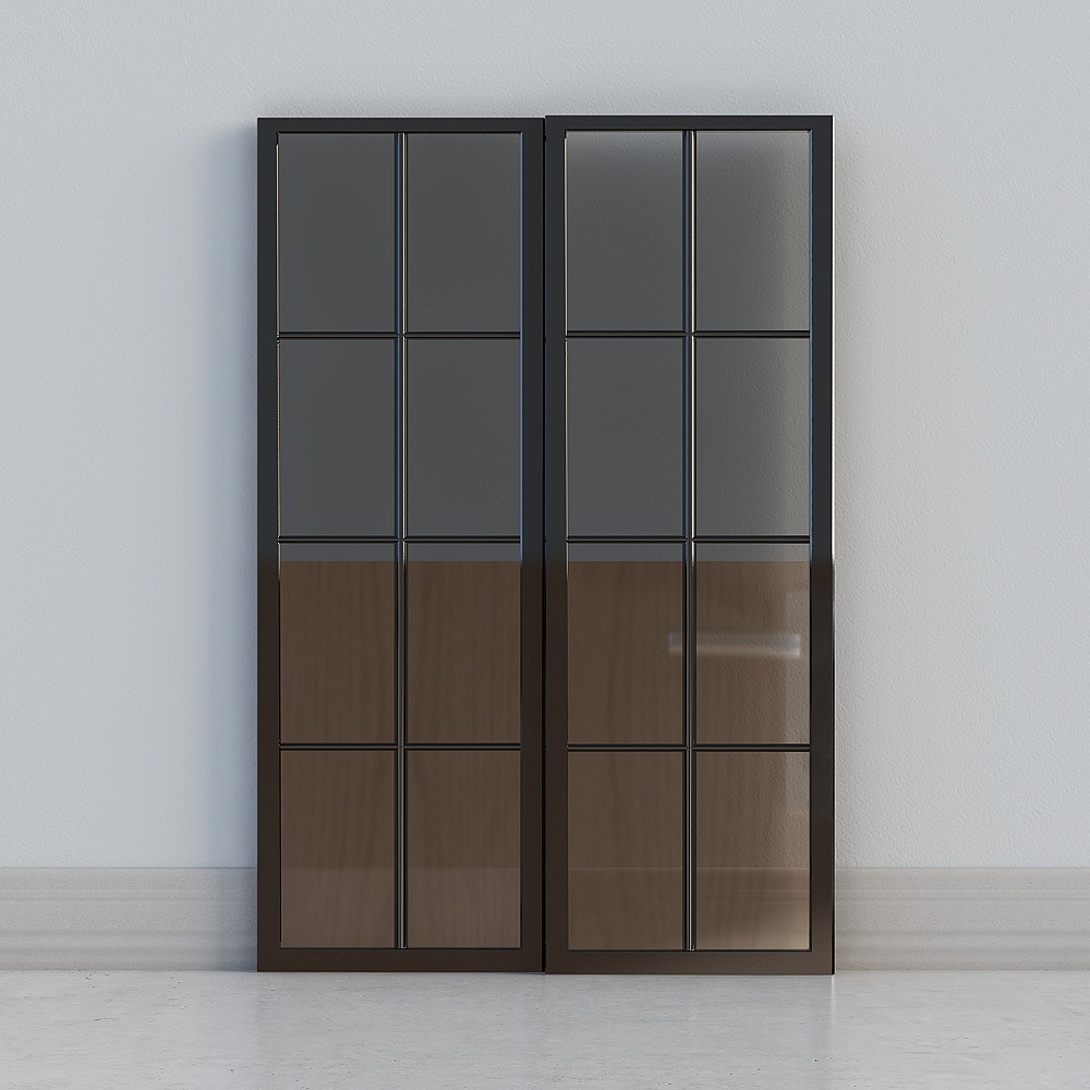 Modern black metal wardrobe with glass doors and wood interior panels on white background