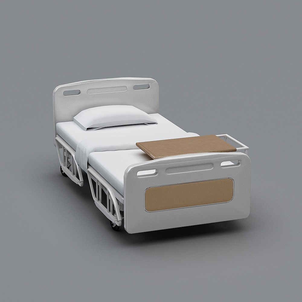 White hospital bed with wooden tray and beige panel on grey background