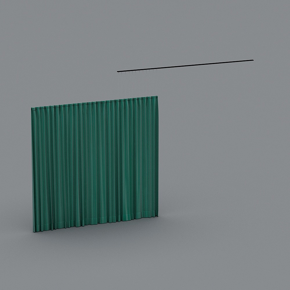 Green fabric curtain hanging from black metal rod on grey background