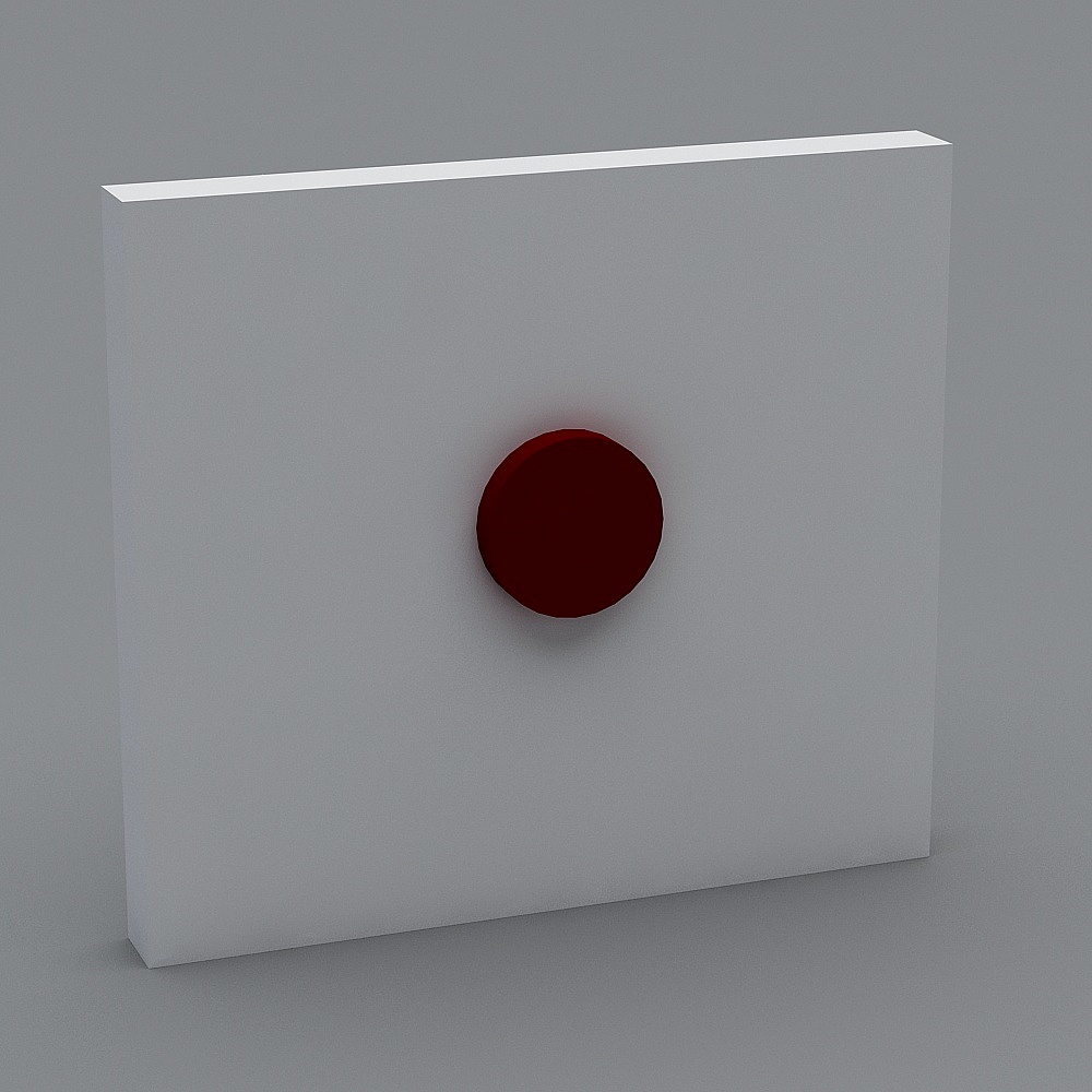 Modern white square wall panel with single round red button on grey background