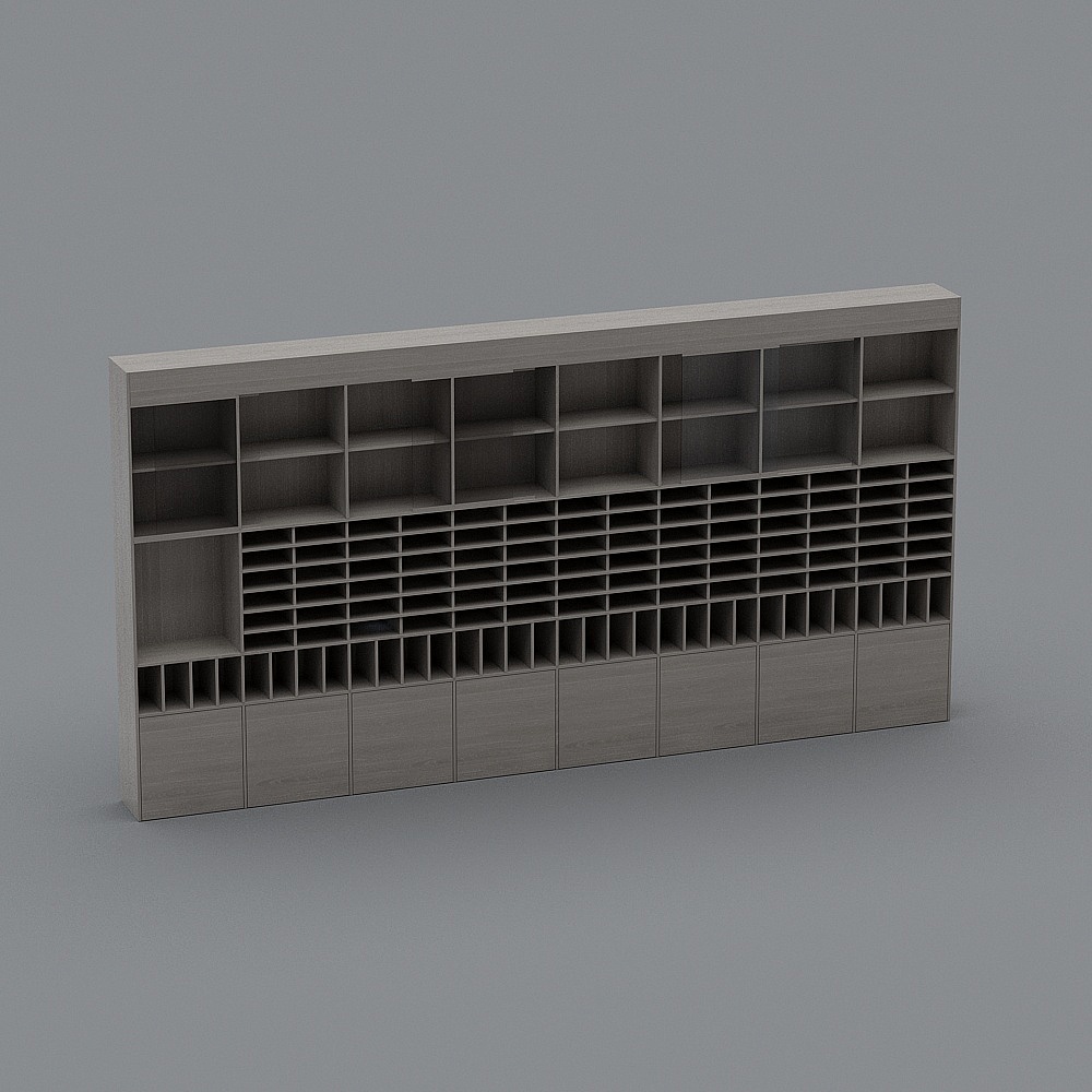 Modern grey wooden wall cabinet with open shelves and closed storage on grey background