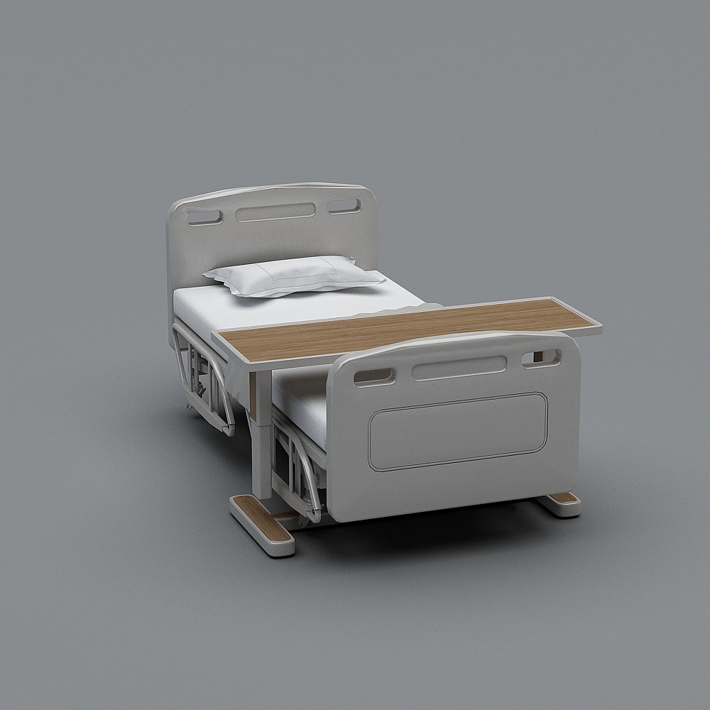 Modern white hospital bed with wooden table and pillow on grey background