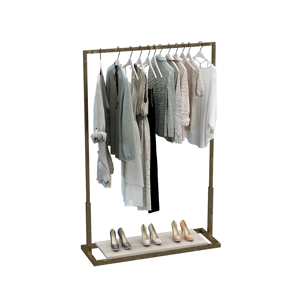 Stylish Clothing Rack 3D Model – Gold Frame Design