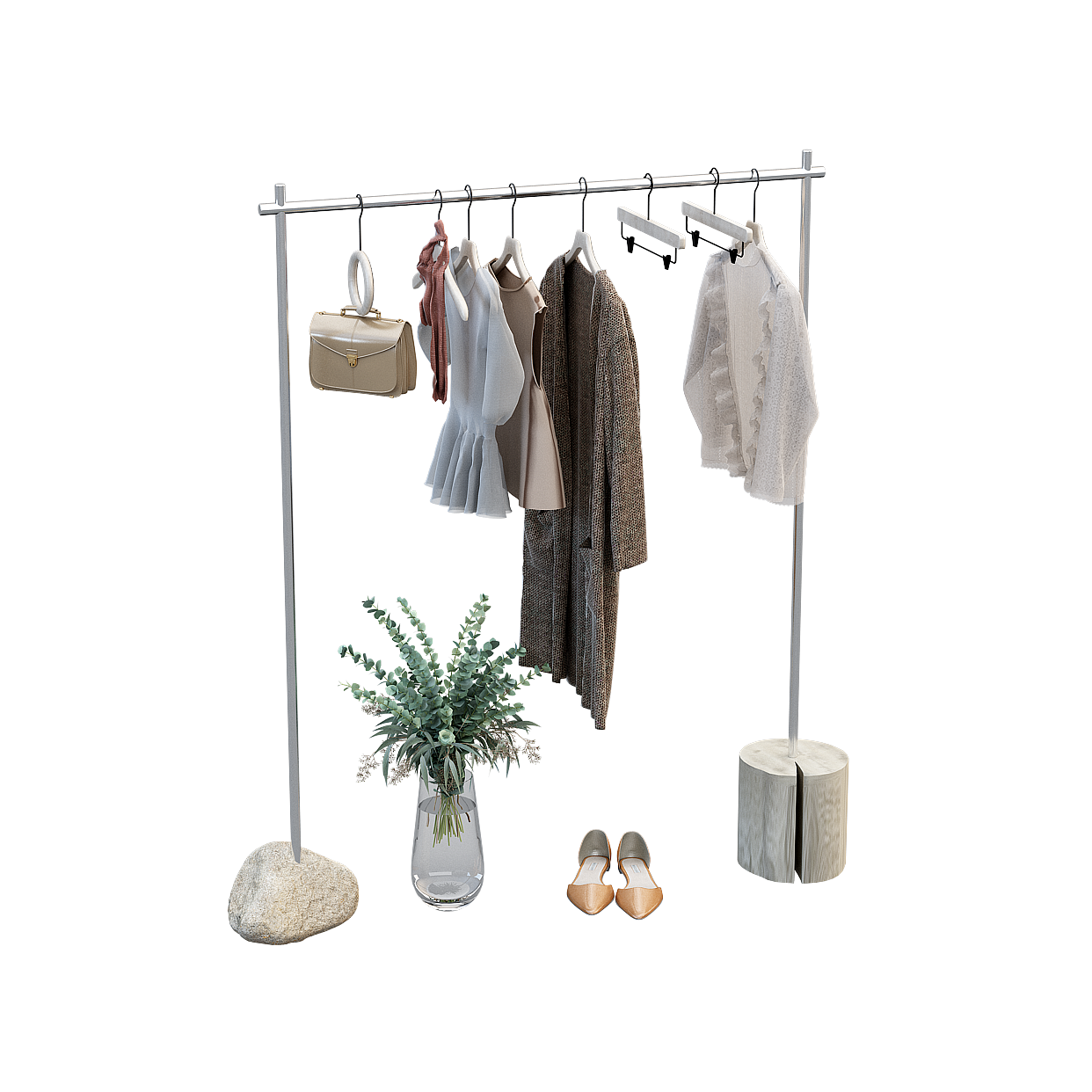 Modern Minimalist Clothing Rack 3D Model – Metal and Wood