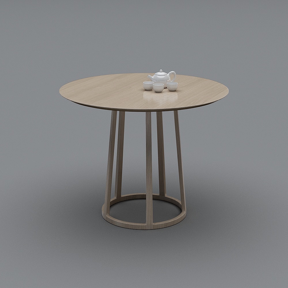 Round light wood coffee table with white tea set and geometric base on grey background