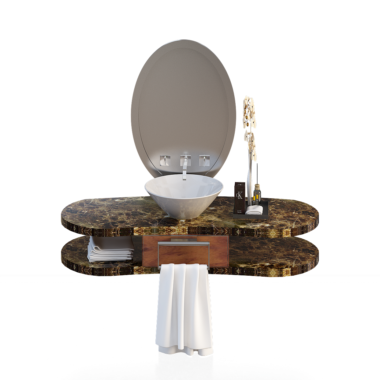 Modern Minimalist Bathroom Vanity 3D Model – Marble & Wood