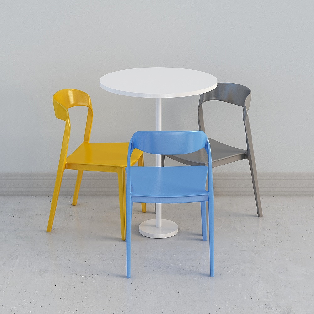 Modern white round table with yellow blue grey plastic chairs on light grey background