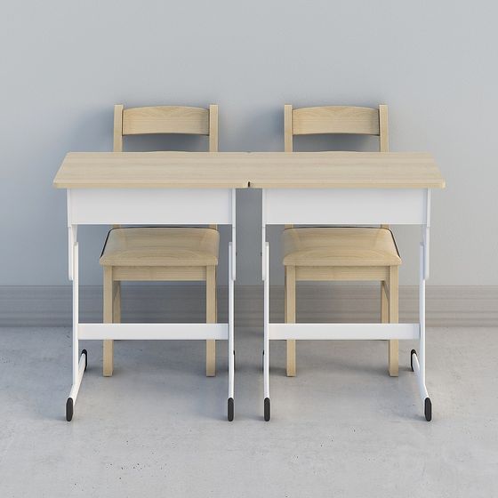 Minimalist Double Study Desk and Chair Set 3D model