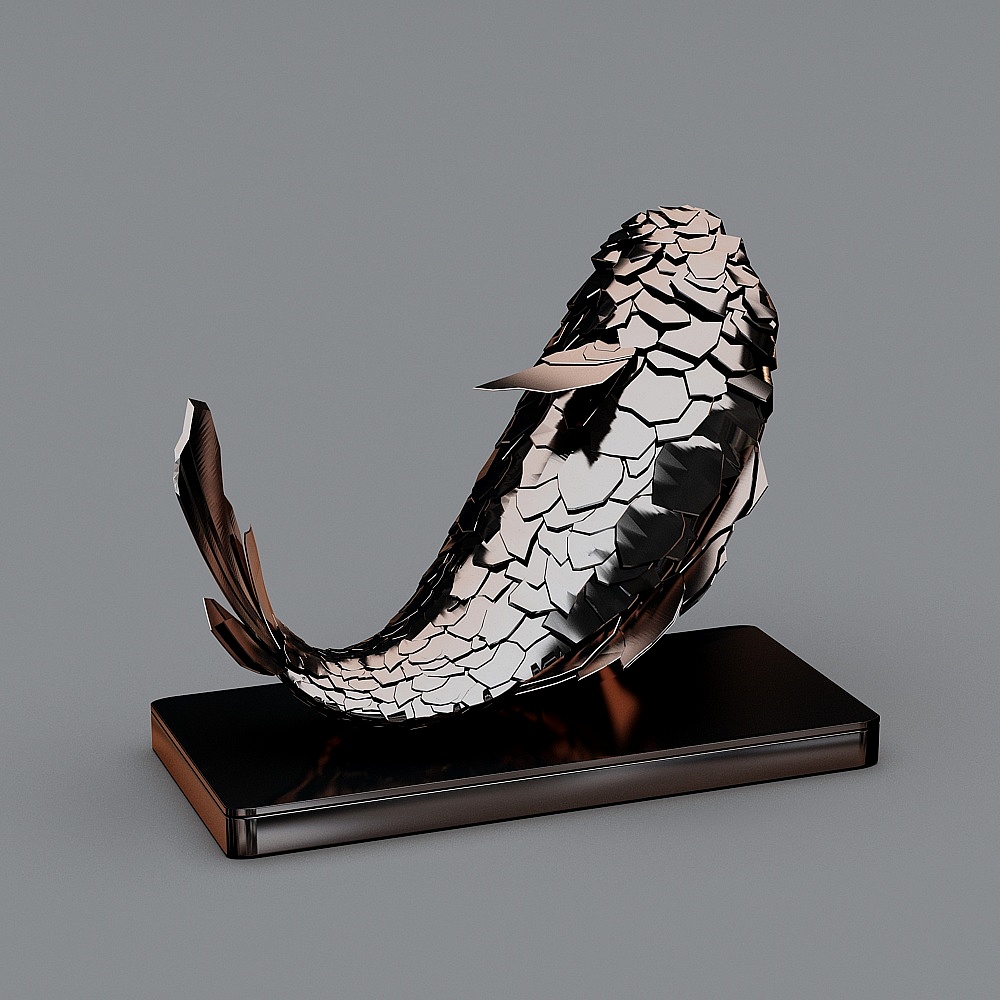 Modern silver metal whale sculpture with cracked texture on black base on grey background