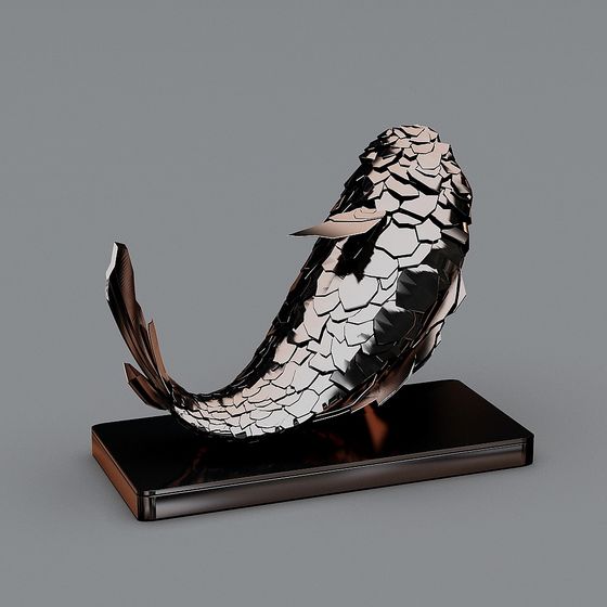 Modern silver metal whale sculpture with cracked texture on black base on grey background