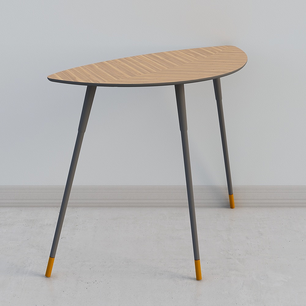 Modern oval side table with light wood top and grey legs on white background