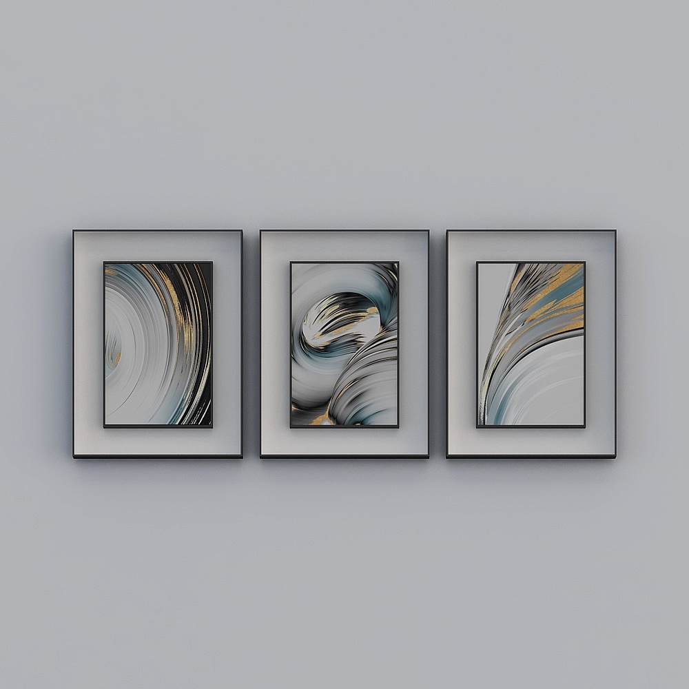 Three framed abstract wall art with blue gold swirl patterns on grey background