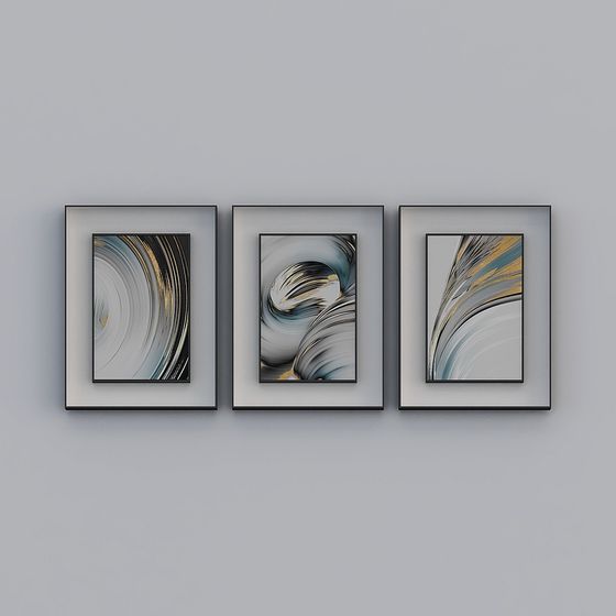 Three framed abstract wall art with blue gold swirl patterns on grey background