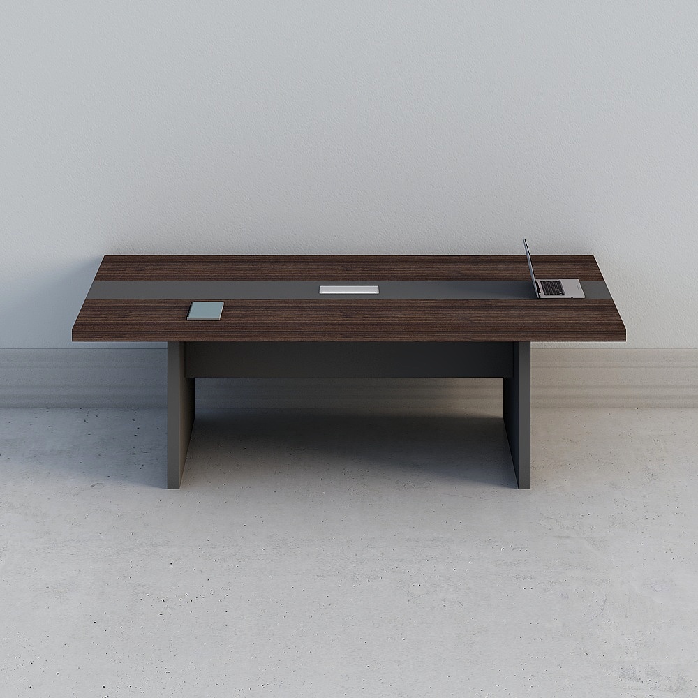 Modern dark brown wood office desk with grey center strip and black legs on white background