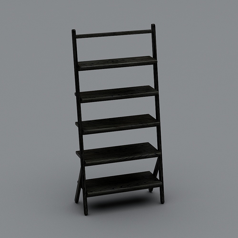 Tall black wooden ladder shelf with five shelves on grey background